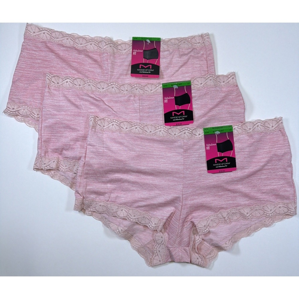 Maidenform One Fab Fit Lace Trim Boyshort Print Microfiber Panty L/7 3 PK Pink